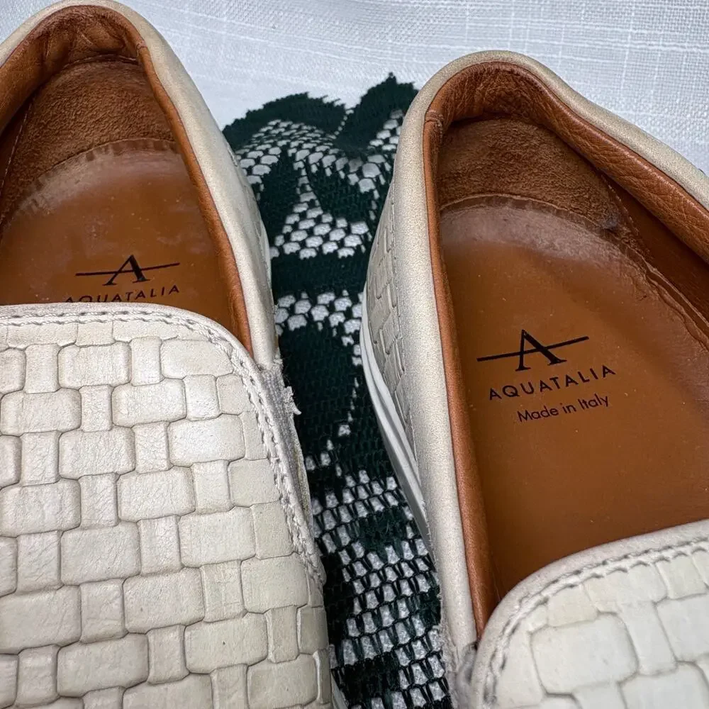 Aquatalia Ashlynn Embossed Calf Size 7 Cream/Grey Woven Leather Made Italy